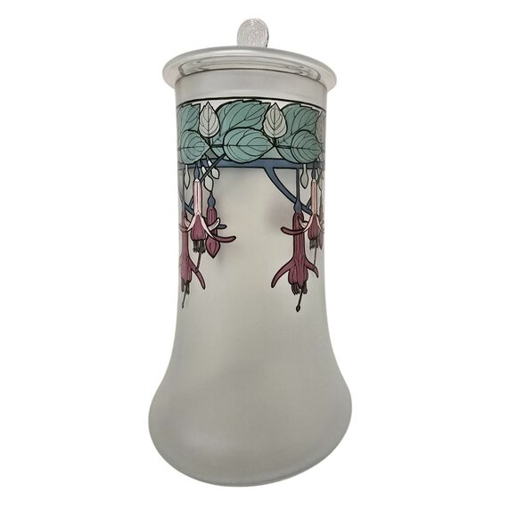 10" Mucha Art Glass Fuchsia Design Satin Glass Canister With Lid - Picture 5 of 12